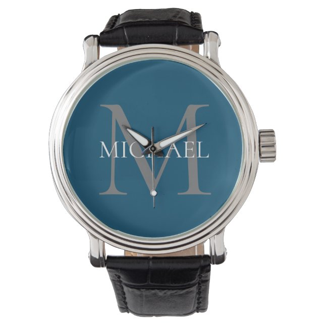 Gepersonaliseerd Monogram en Naam Ocean Blue Horloge (Voorkant)
