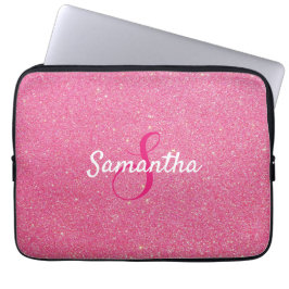 Gepersonaliseerd monogram en naam Roos Roze glitte Laptop Sleeve