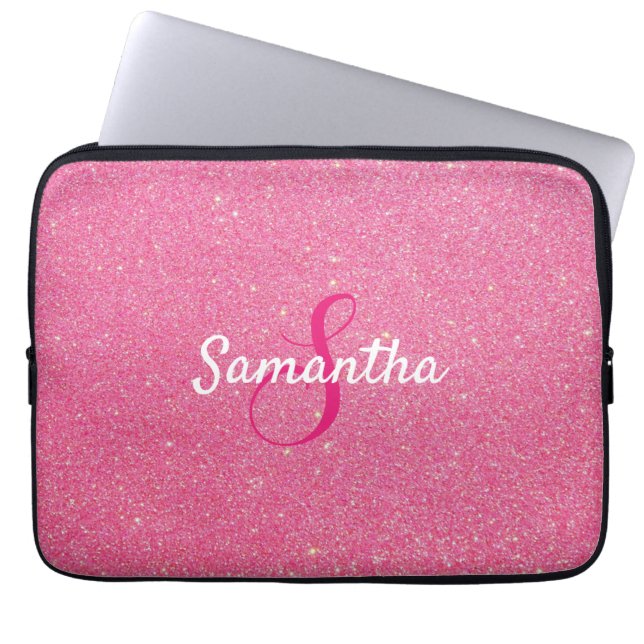 Gepersonaliseerd monogram en naam Roos Roze glitte Laptop Sleeve (Voorkant)