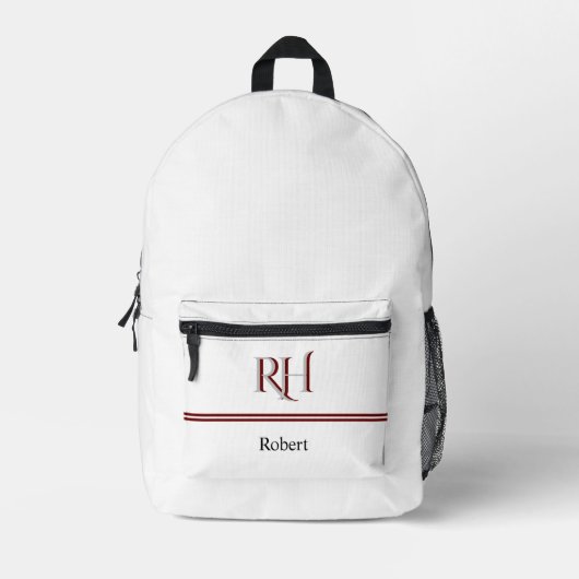 Gepersonaliseerd monogram en naam wit grijs rood bedrukte rugzak (Voorkant)