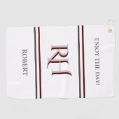 Gepersonaliseerd monogram en naam wit grijs rood golfhanddoek (Horizontaal)