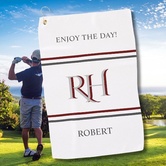Gepersonaliseerd monogram en naam wit grijs rood golfhanddoek