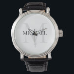 Gepersonaliseerd Monogram en Naam Wit Horloge<br><div class="desc">Gepersonaliseerd Elegant Monogram en Naam Gifts met gepersonaliseerd monogram in klassieke serif lettertype stijl met doos van naam in het midden van monogram.</div>