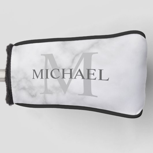 Gepersonaliseerd monogram en naam witte marmer golfheadcover (Voorkant)