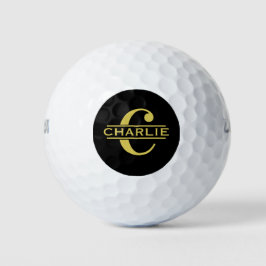 Gepersonaliseerd monogram en naam zwart en goud golfballen