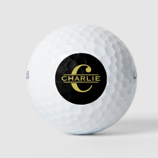 Gepersonaliseerd monogram en naam zwart en goud golfballen (Voorkant)