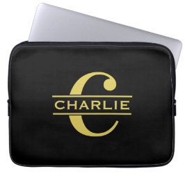 Gepersonaliseerd monogram en naam zwart en goud laptop sleeve