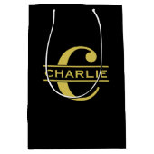 Gepersonaliseerd monogram en naam zwart en goud medium cadeauzakje (Voorkant)
