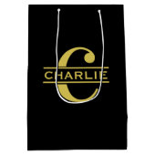 Gepersonaliseerd monogram en naam zwart en goud medium cadeauzakje (Achterkant)