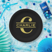 Gepersonaliseerd monogram en naam zwart en goud papieren bordje (Feest)