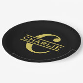 Gepersonaliseerd monogram en naam zwart en goud papieren bordje (Gekanteld)
