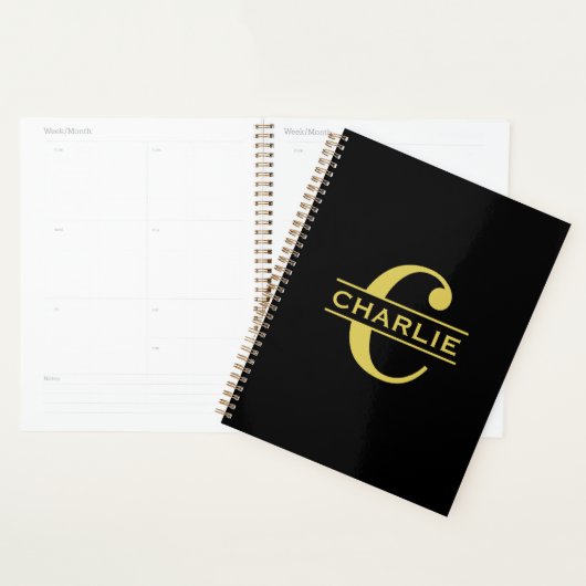 Gepersonaliseerd monogram en naam zwart en goud planner (Display)