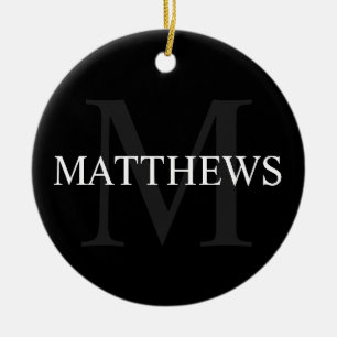 Gepersonaliseerd monogram en naam zwart keramisch ornament