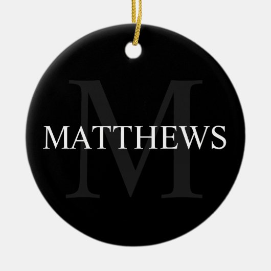 Gepersonaliseerd monogram en naam zwart keramisch ornament (Voorkant)