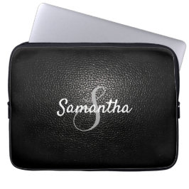 Gepersonaliseerd monogram en naam zwart leder laptop sleeve