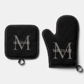 Gepersonaliseerd monogram en naam zwart ovenwant & pannenlap set (Voorkant)