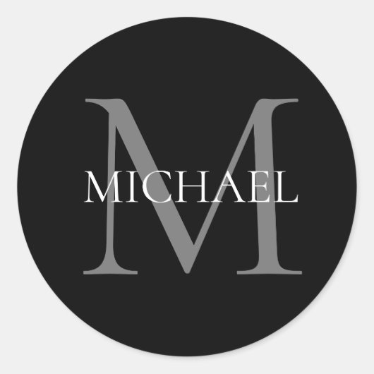 Gepersonaliseerd monogram en naam zwart ronde sticker (Voorkant)