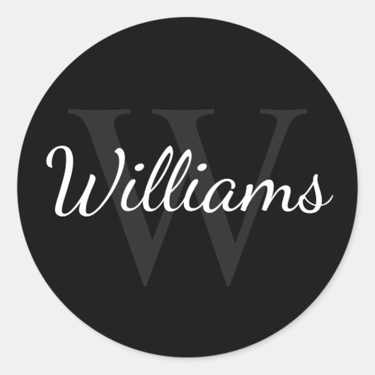 Gepersonaliseerd monogram en naam zwart ronde sticker (Voorkant)