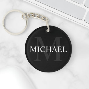 Gepersonaliseerd monogram en naam zwart sleutelhanger