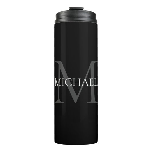 Gepersonaliseerd monogram en naam zwart thermosbeker (Voorkant)
