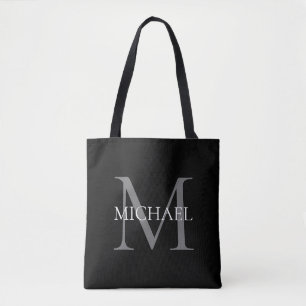 Gepersonaliseerd monogram en naam zwart tote bag