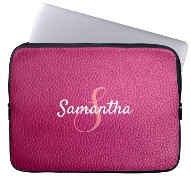 Gepersonaliseerd monogram en Roze leder Laptop Sleeve (Voorkant)