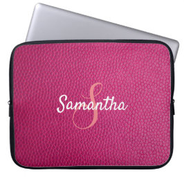 Gepersonaliseerd monogram en Roze leder Laptop Sleeve