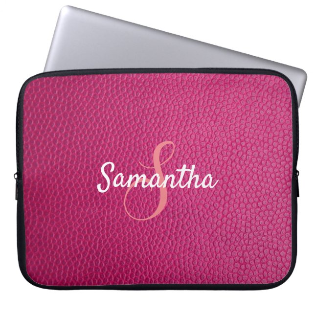 Gepersonaliseerd monogram en Roze leder Laptop Sleeve (Voorkant)