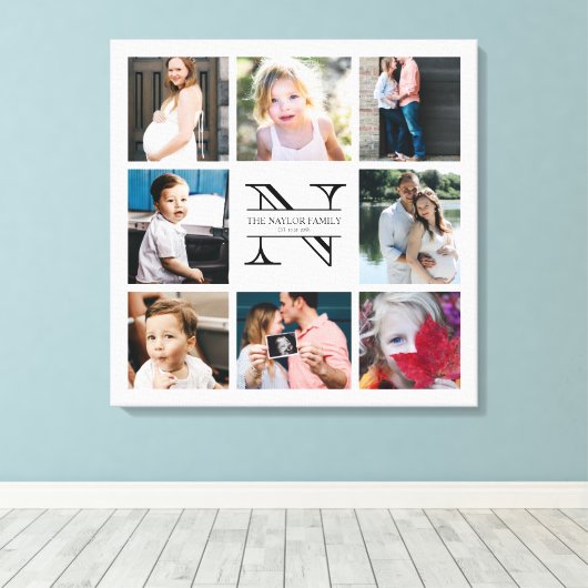 Gepersonaliseerd Monogram Familie 8 Fotocollage Canvas Afdruk (Insitu (Houten vloer))