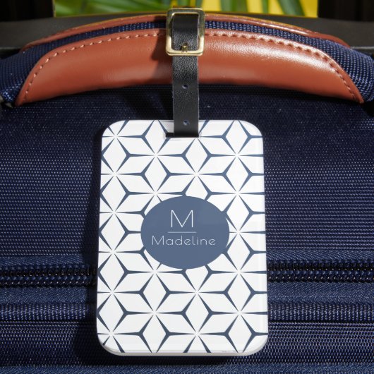 Gepersonaliseerd monogram geometrisch blauw bagagelabel (Voorkant Insitu 2)