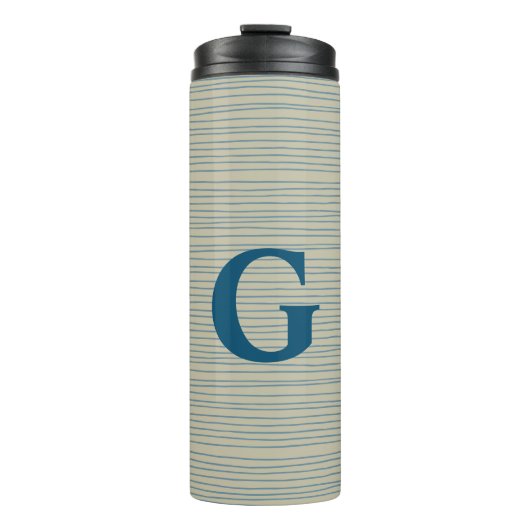 Gepersonaliseerd monogram gestreept neutraal blauw thermosbeker (Voorkant)