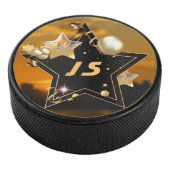 Gepersonaliseerd Monogram Goud Zwart Metallic Ster Hockey Puck (3/4)