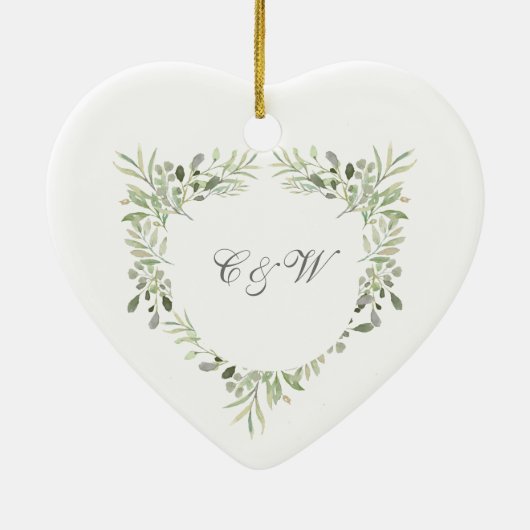 Gepersonaliseerd Monogram Greenery Wedding Keramisch Ornament (Achterkant)