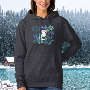 Gepersonaliseerd monogram grijze vos blauwe sneeuw hoodie