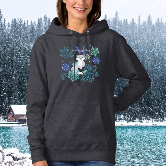 Gepersonaliseerd monogram grijze vos blauwe sneeuw hoodie