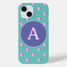 Gepersonaliseerd Monogram Hartpatroon Lila Blauwgr iPhone 15 Case