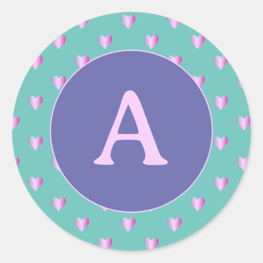 Gepersonaliseerd Monogram Hartpatroon Lila Blauwgr Ronde Sticker (Voorkant)