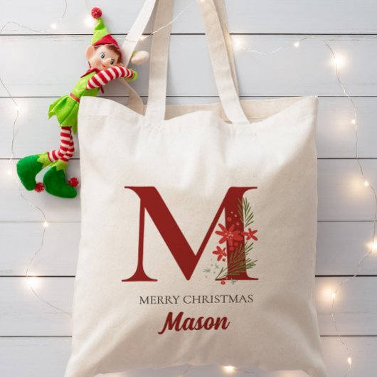 Gepersonaliseerd monogram kerstcadeau tote bag