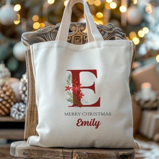 Gepersonaliseerd monogram kerstcadeau tote bag