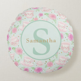 Gepersonaliseerd monogram Mint Green Pink Tea Cups Rond Kussen