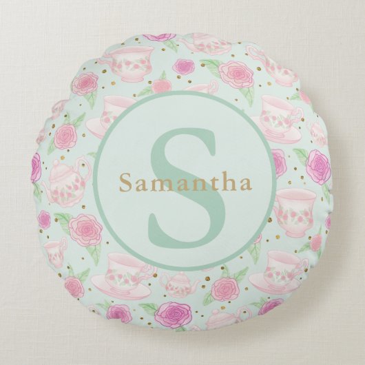 Gepersonaliseerd monogram Mint Green Pink Tea Cups Rond Kussen (Voorkant)