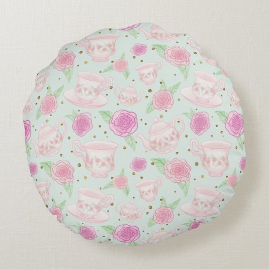 Gepersonaliseerd monogram Mint Green Pink Tea Cups Rond Kussen (Achterkant)