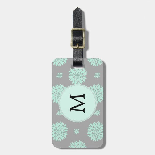 Gepersonaliseerd Monogram Munt en Grijs Bloempatro Bagagelabel (Voorkant verticaal)
