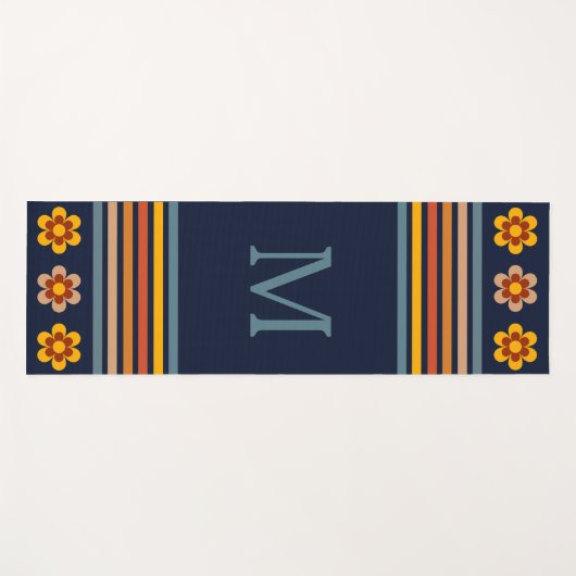 Gepersonaliseerd monogram Navy Blauw retro bloemen Yogamat (Voorkant (horizontaal))