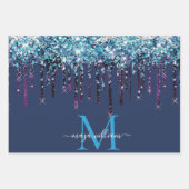 Gepersonaliseerd Monogram Novy Blue Glitter Drips Inpakpapier Vel (Voorkant 3)
