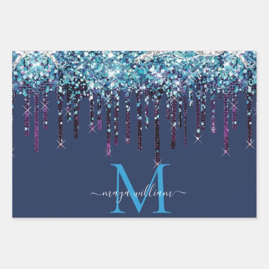 Gepersonaliseerd Monogram Novy Blue Glitter Drips Inpakpapier Vel (Voorkant 3)
