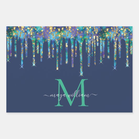 Gepersonaliseerd Monogram Novy Blue Glitter Drips Inpakpapier Vel (Voorkant 2)