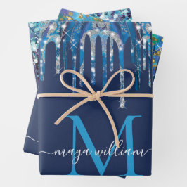 Gepersonaliseerd Monogram Novy Blue Glitter Drips Inpakpapier Vel