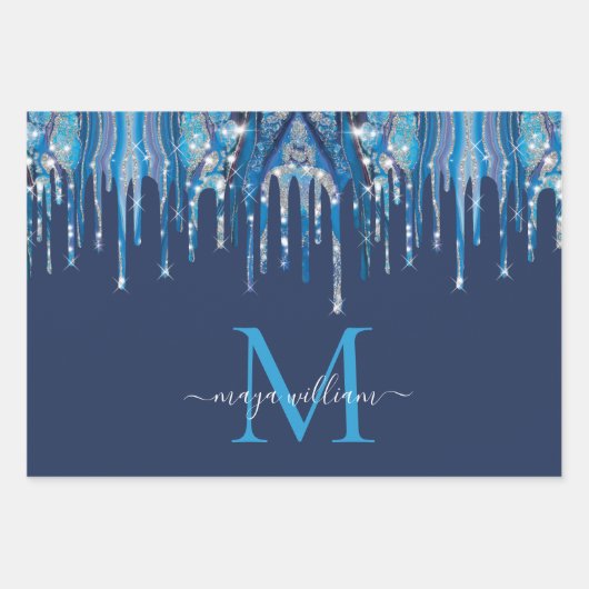 Gepersonaliseerd Monogram Novy Blue Glitter Drips Inpakpapier Vel (Voorkant)