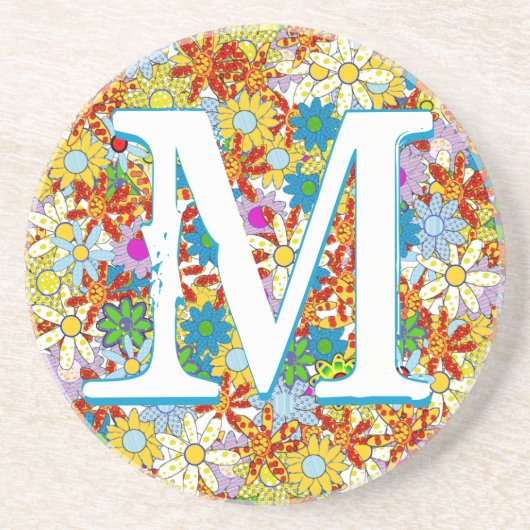 Gepersonaliseerd monogram of naam Floral Patroon Zandsteen Onderzetter (Voorkant)